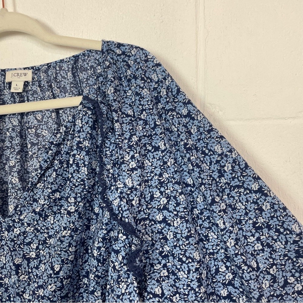 J. Crew V-Neck Popover Top Blue Floral Ruffles Balloon Sleeves Cottage Peasant L - Picture 6 of 13
